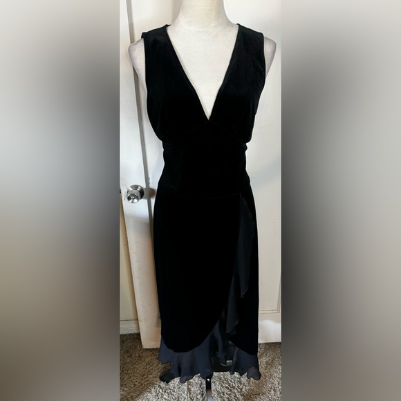 Vintage 90’s Connected Velvet Ruffle Hem Cocktail Dress Midi Plunging Neck noir - Picture 14 of 16